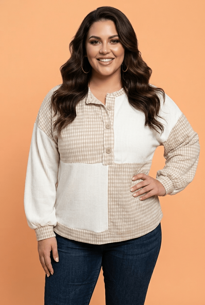 Plus Size Gingham Patchwork Long Sleeve Round Neck Blouse - Rooted & Reckless Co.