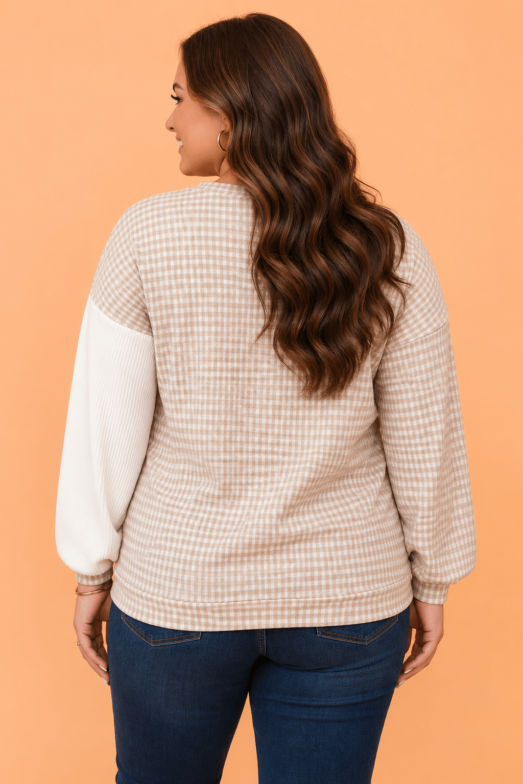 Plus Size Gingham Patchwork Long Sleeve Round Neck Blouse - Rooted & Reckless Co.