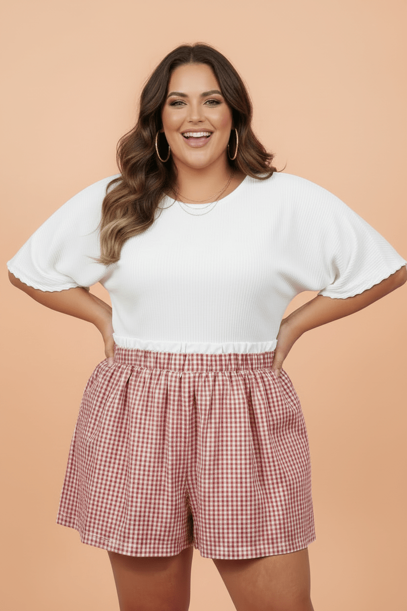 Plus Size Gingham Plaid Ruffle Contrast Trim Shorts - Rooted & Reckless Co.