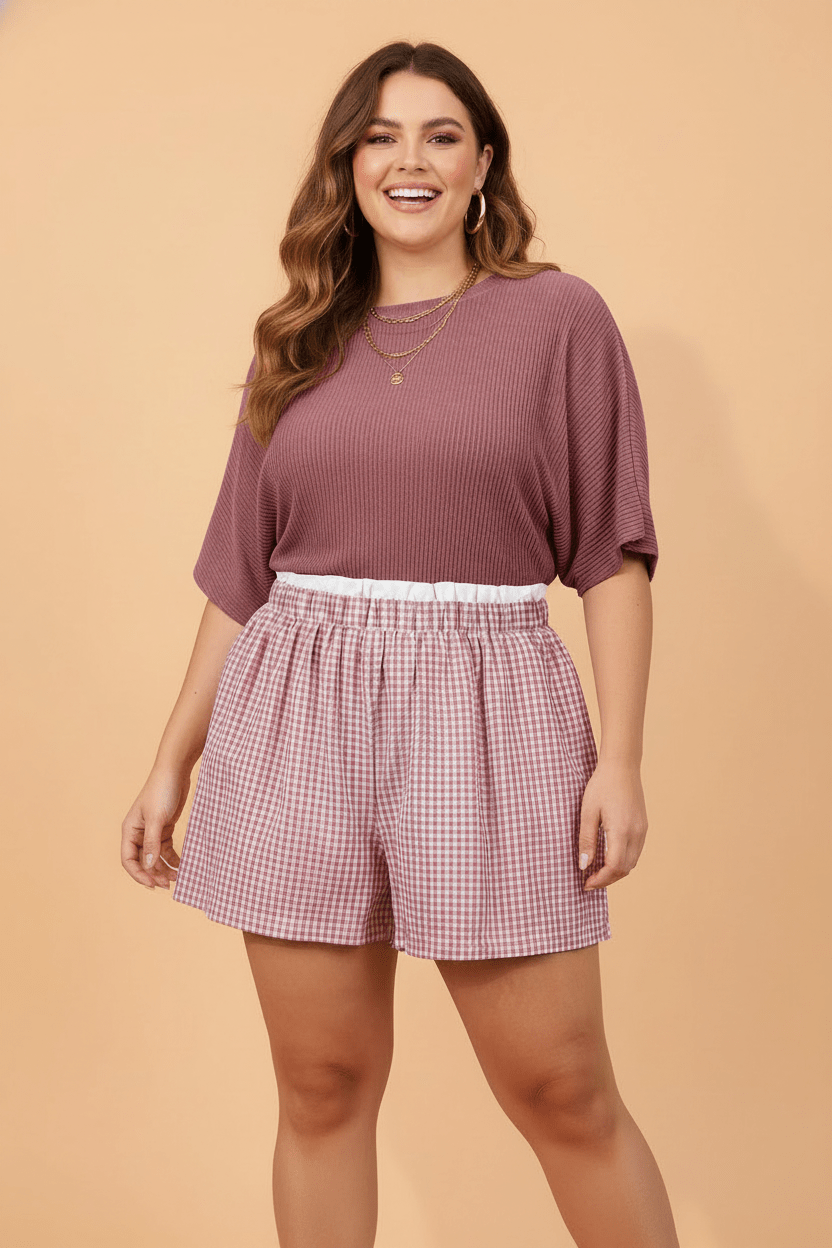 Plus Size Gingham Plaid Ruffle Contrast Trim Shorts - Rooted & Reckless Co.