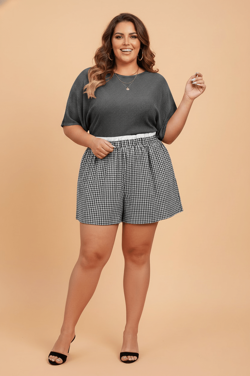 Plus Size Gingham Plaid Ruffle Contrast Trim Shorts - Rooted & Reckless Co.