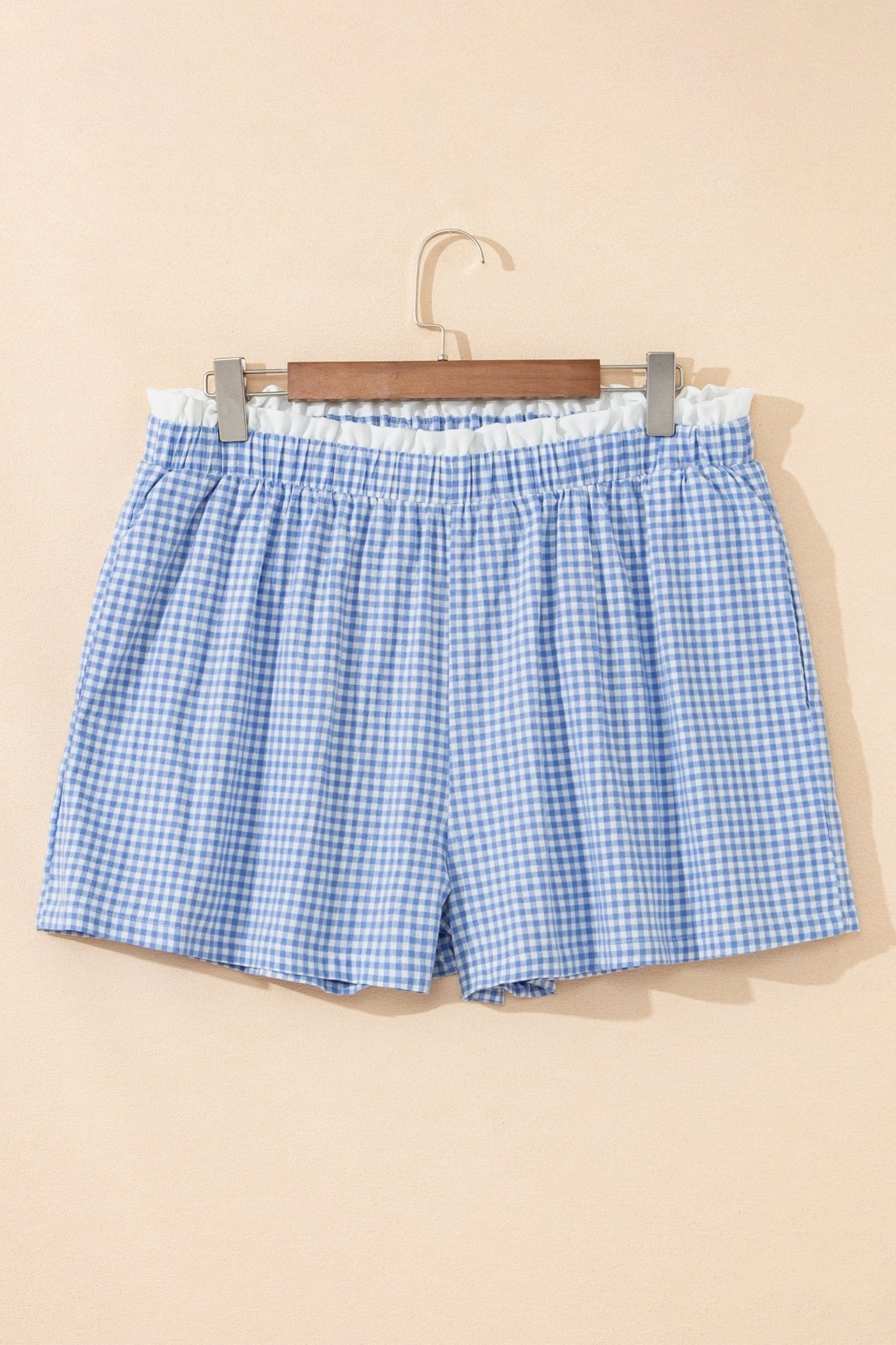 Plus Size Gingham Plaid Ruffle Contrast Trim Shorts - Rooted & Reckless Co.