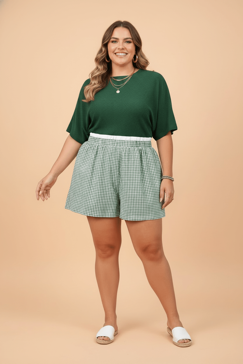 Plus Size Gingham Plaid Ruffle Contrast Trim Shorts - Rooted & Reckless Co.
