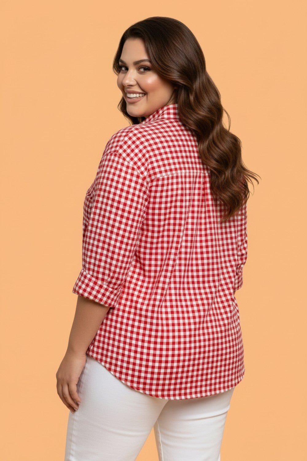 Plus Size Gingham V-Neck Long Sleeve Tunic Shirt - Rooted & Reckless Co.