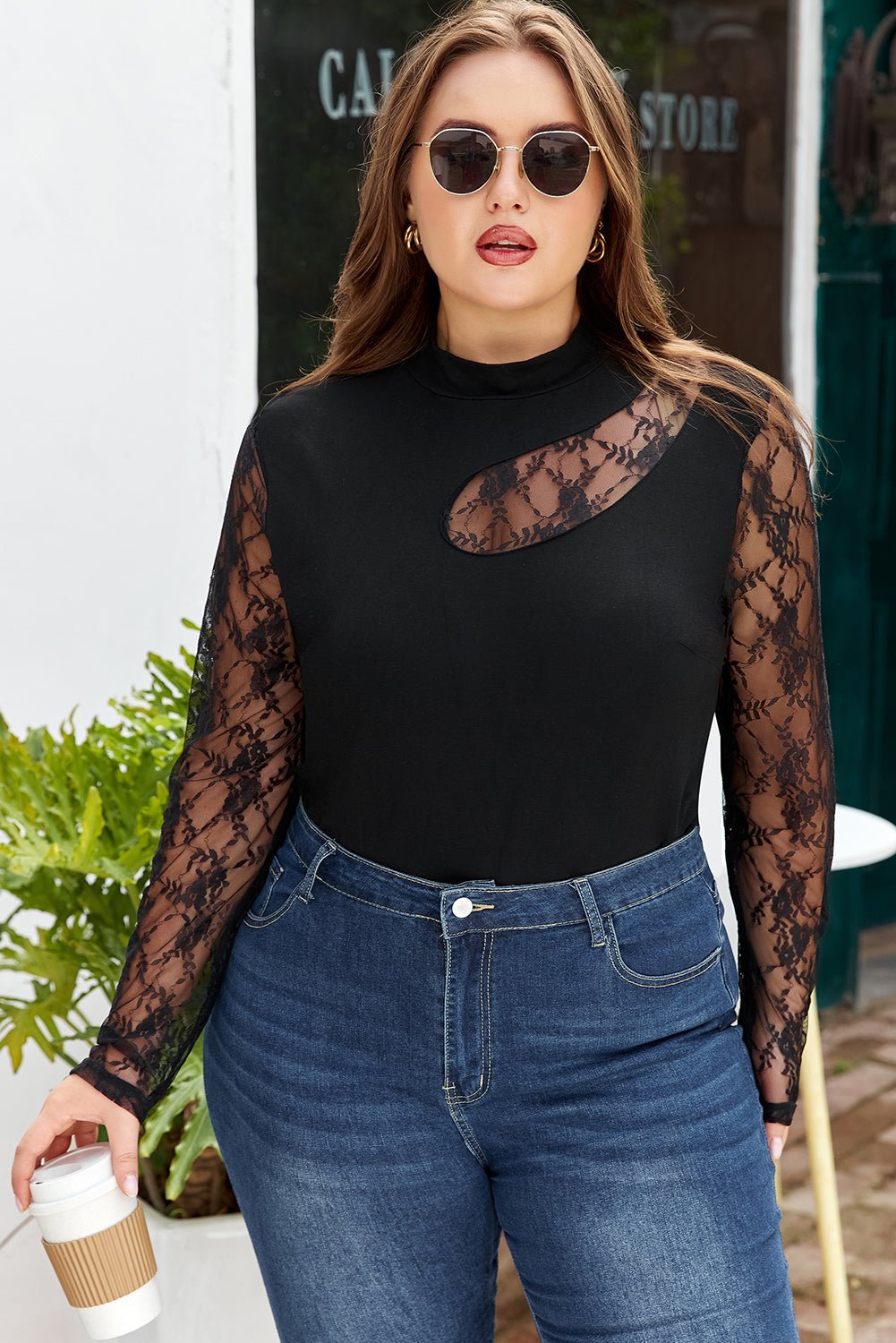 Plus Size Lace Patchwork Cutout Long Sleeve Top - Rooted & Reckless Co.