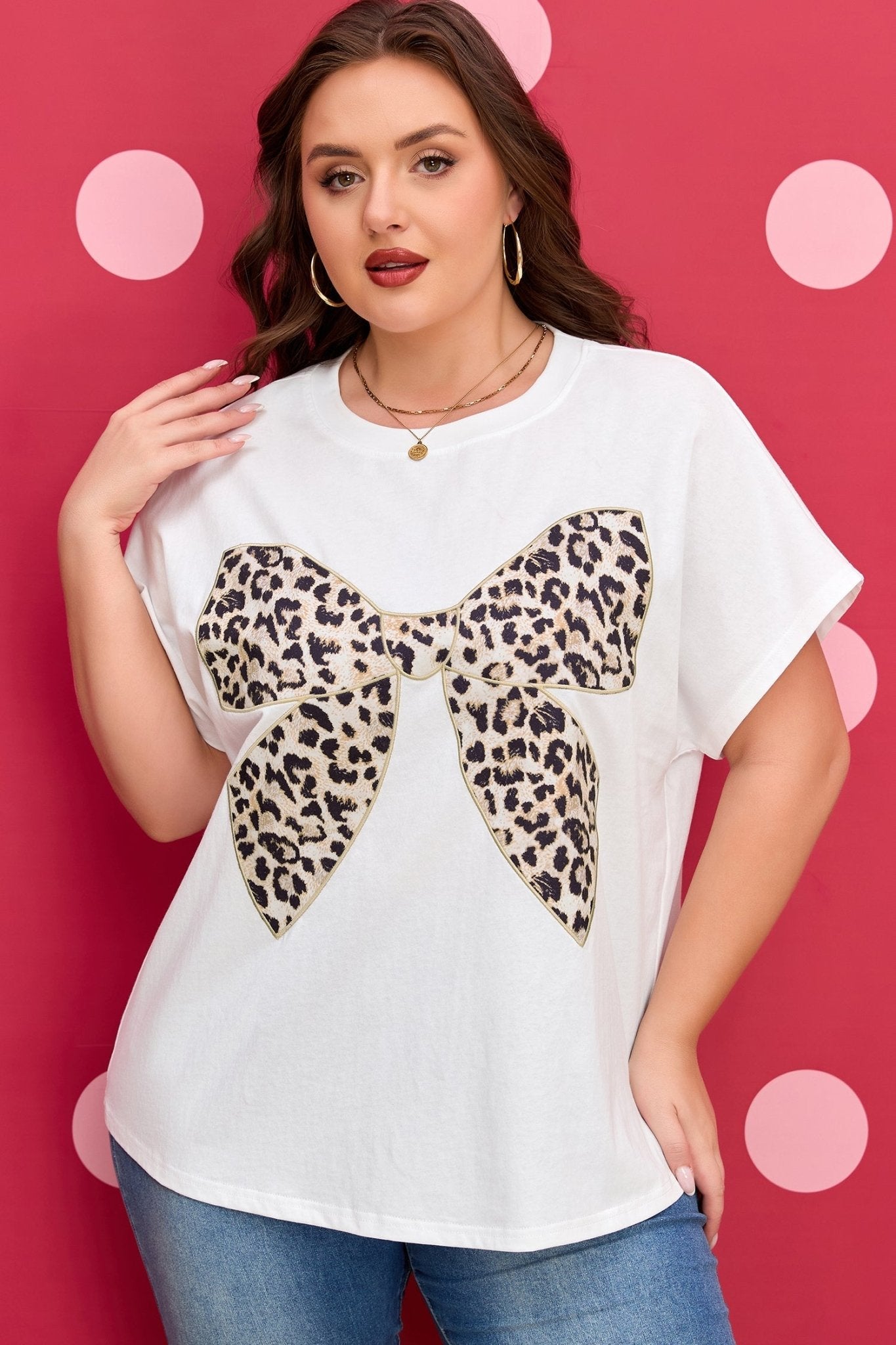 Plus Size Leopard Bow Embroidered Patch T-Shirt - Rooted & Reckless Co.