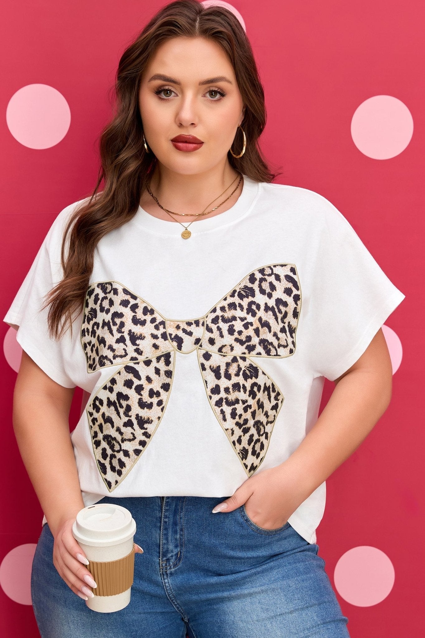 Plus Size Leopard Bow Embroidered Patch T-Shirt - Rooted & Reckless Co.