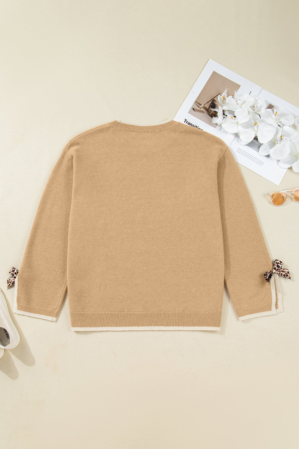 Plus Size Leopard Bow Split Cuff Sweater - Rooted & Reckless Co.
