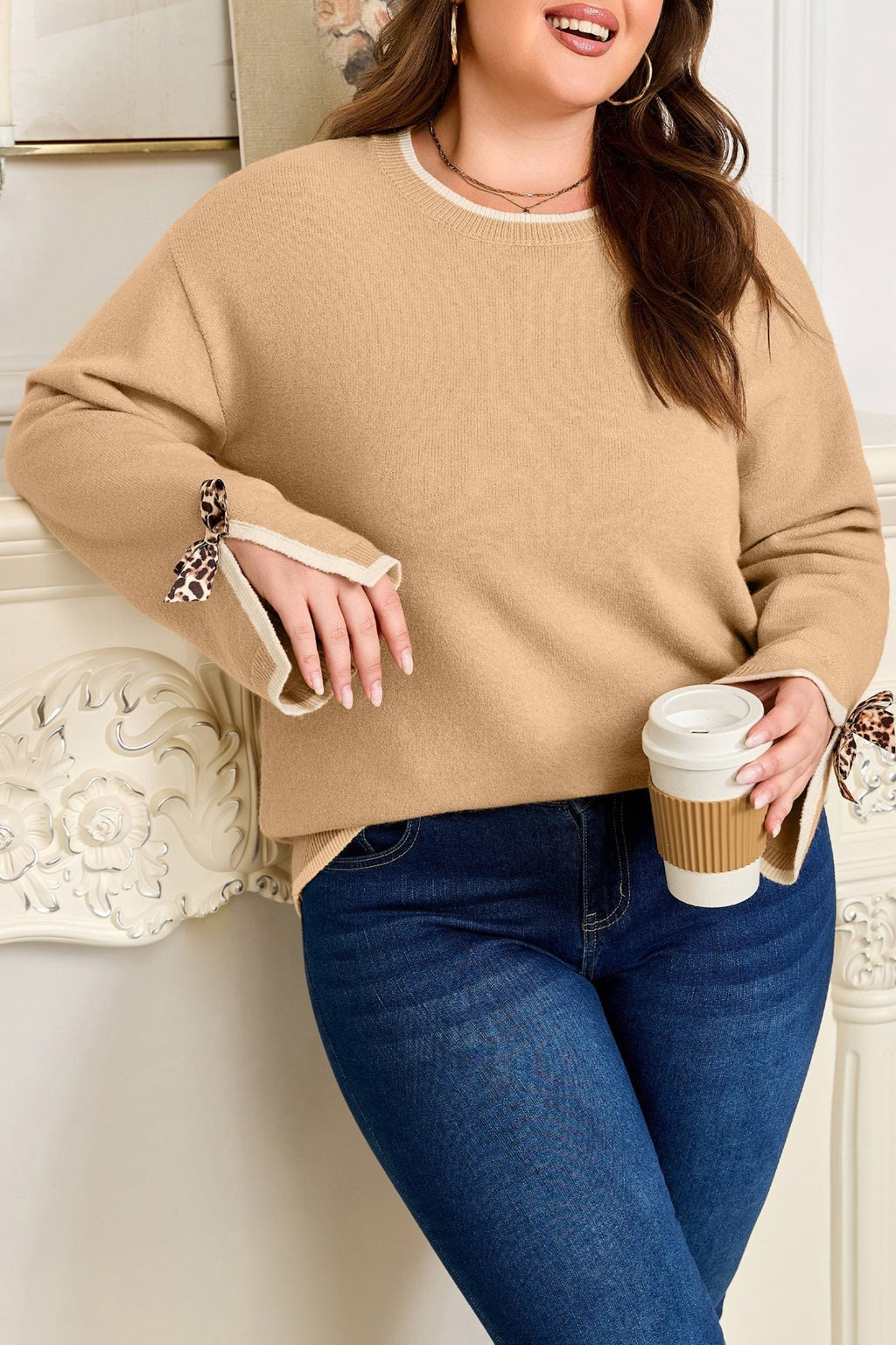 Plus Size Leopard Bow Split Cuff Sweater - Rooted & Reckless Co.