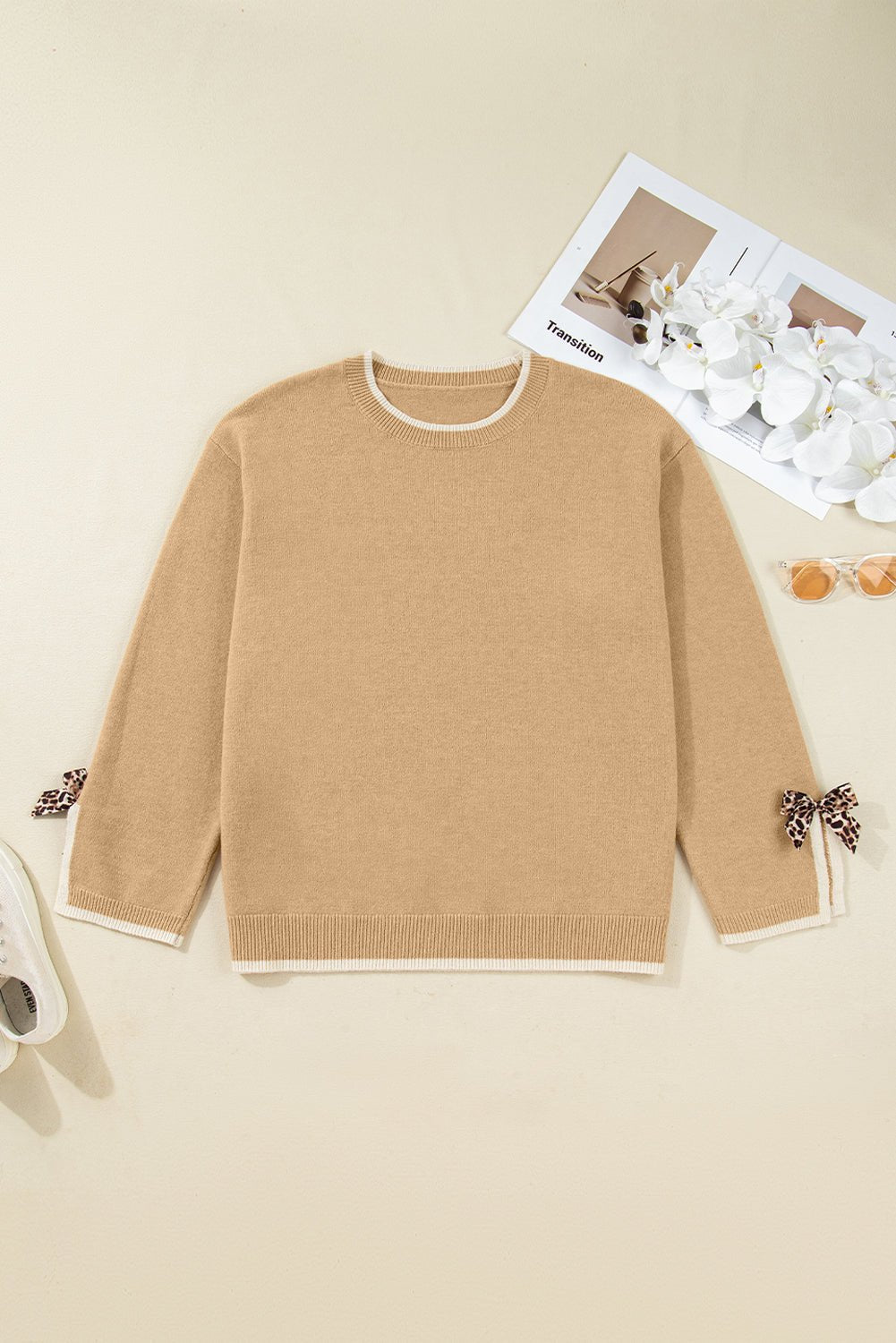 Plus Size Leopard Bow Split Cuff Sweater - Rooted & Reckless Co.