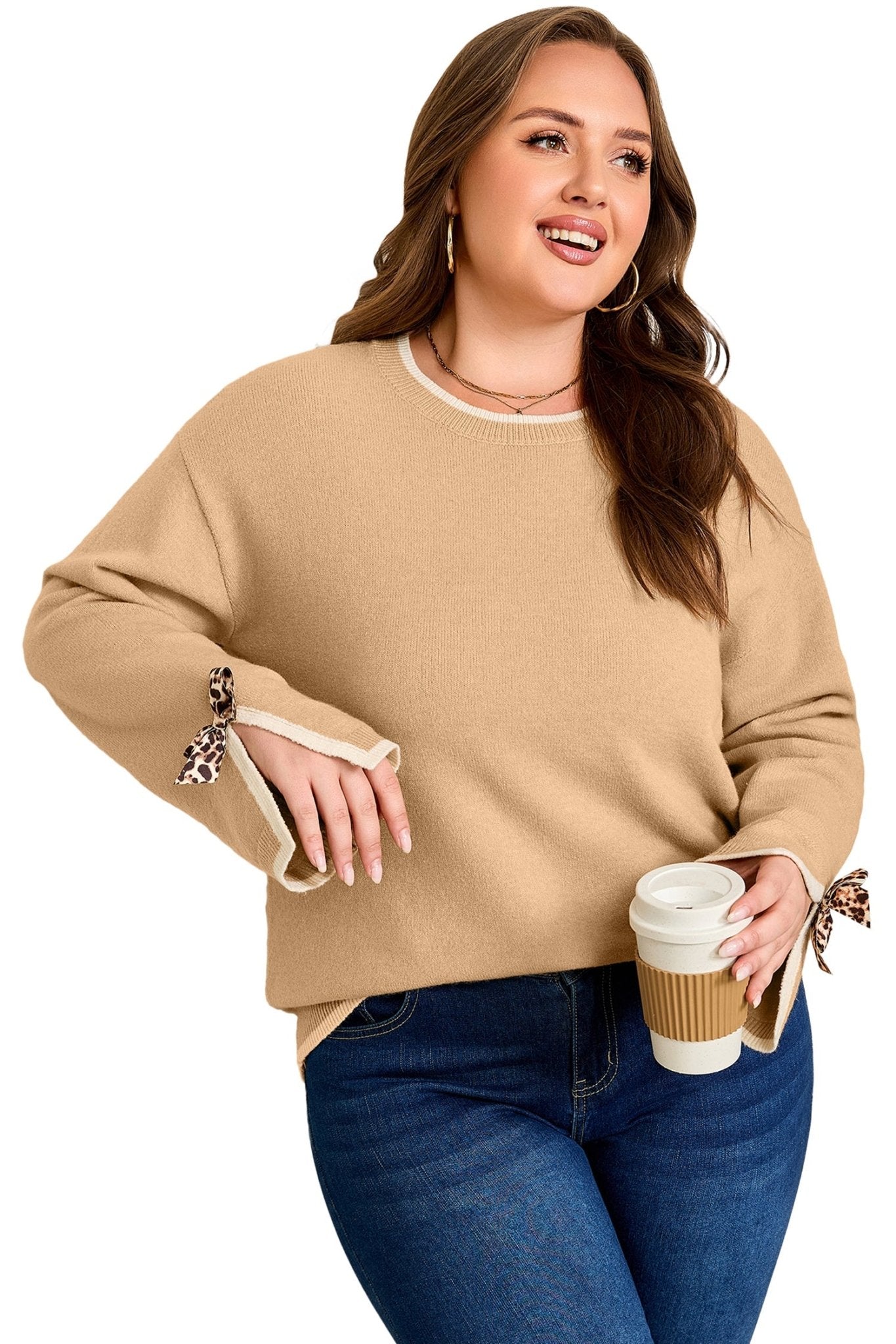 Plus Size Leopard Bow Split Cuff Sweater - Rooted & Reckless Co.