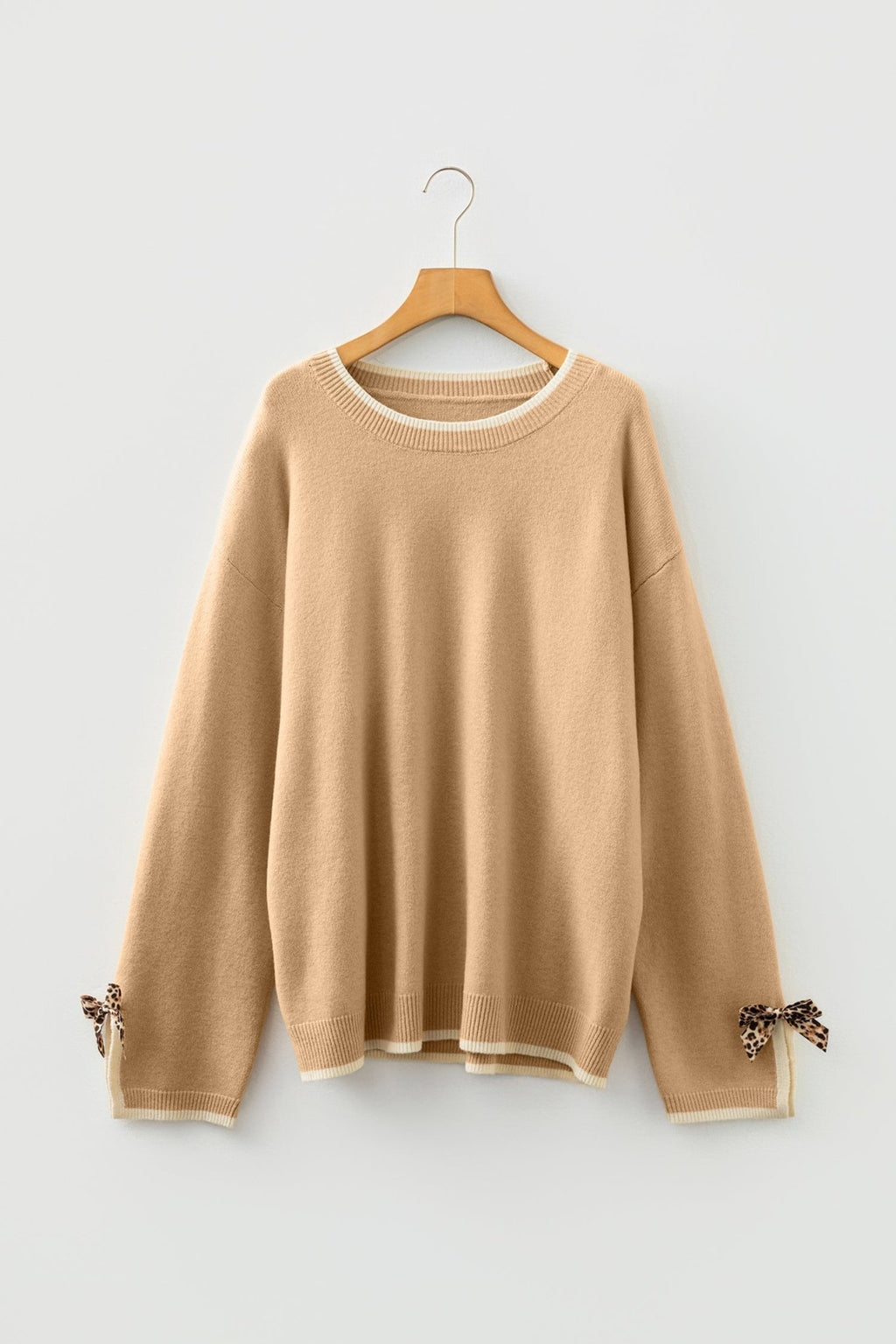 Plus Size Leopard Bow Split Cuff Sweater - Rooted & Reckless Co.