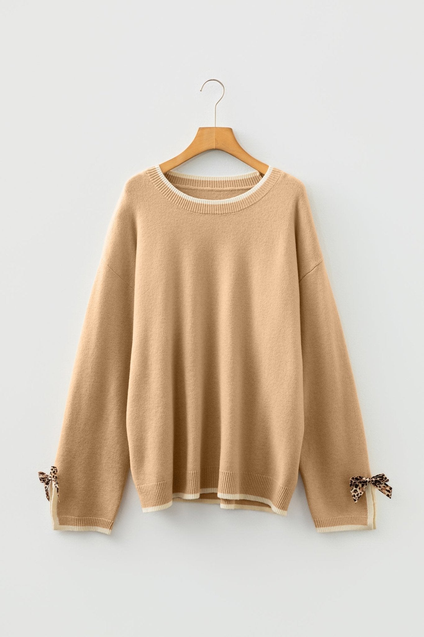 Plus Size Leopard Bow Split Cuff Sweater - Rooted & Reckless Co.