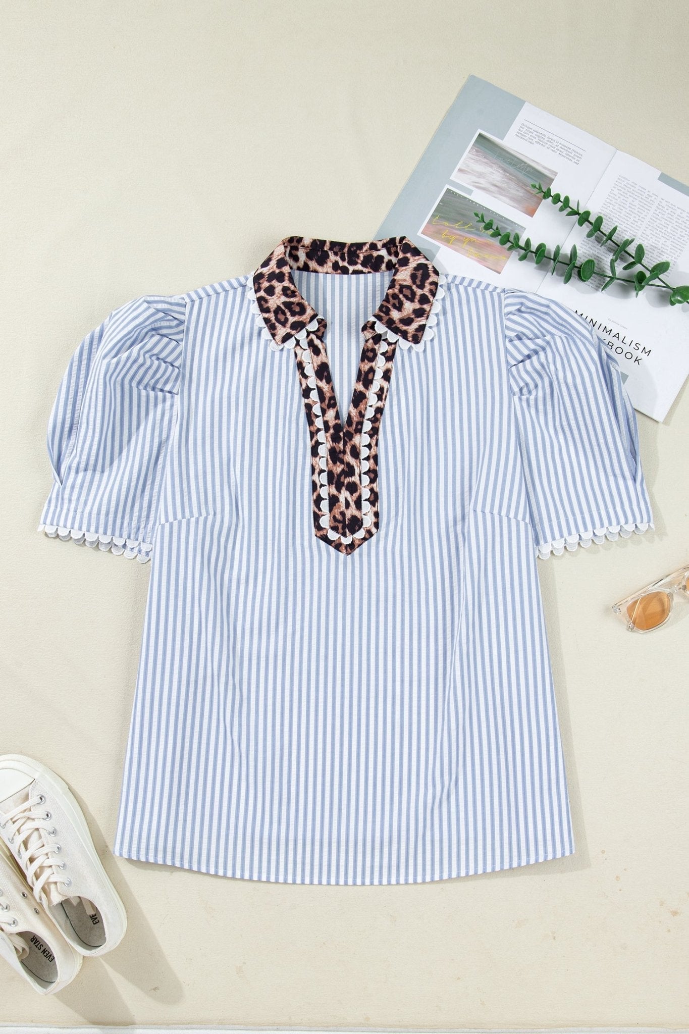 Plus Size Leopard Collar Stripe Bubble Sleeve Blouse - Rooted & Reckless Co.
