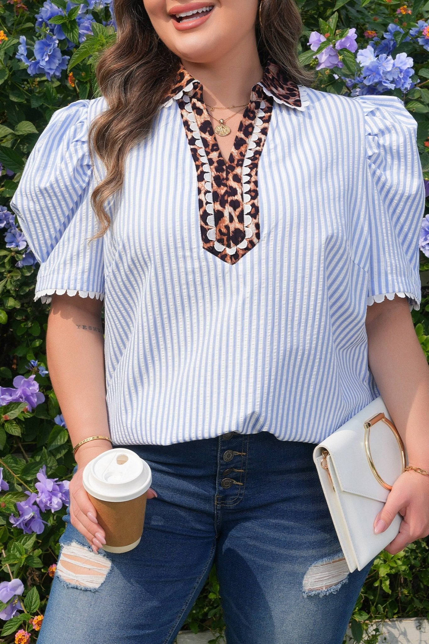 Plus Size Leopard Collar Stripe Bubble Sleeve Blouse - Rooted & Reckless Co.
