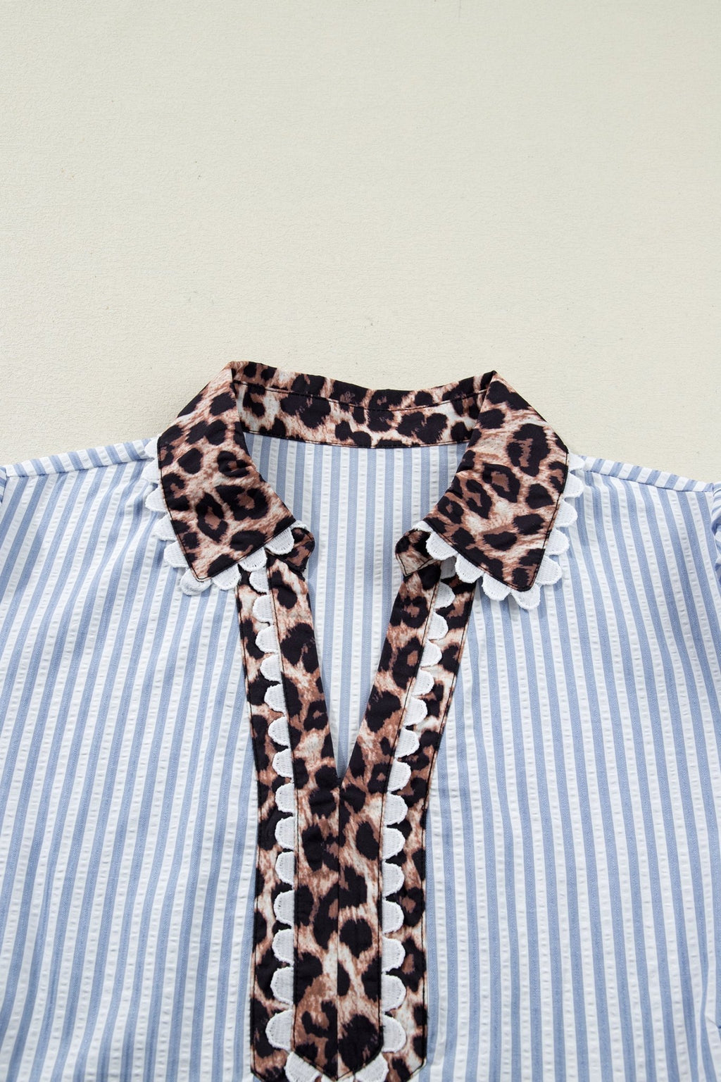Plus Size Leopard Collar Stripe Bubble Sleeve Blouse - Rooted & Reckless Co.