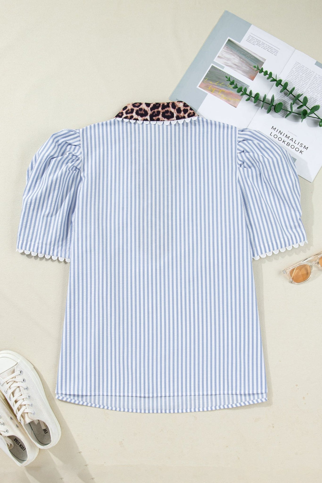 Plus Size Leopard Collar Stripe Bubble Sleeve Blouse - Rooted & Reckless Co.