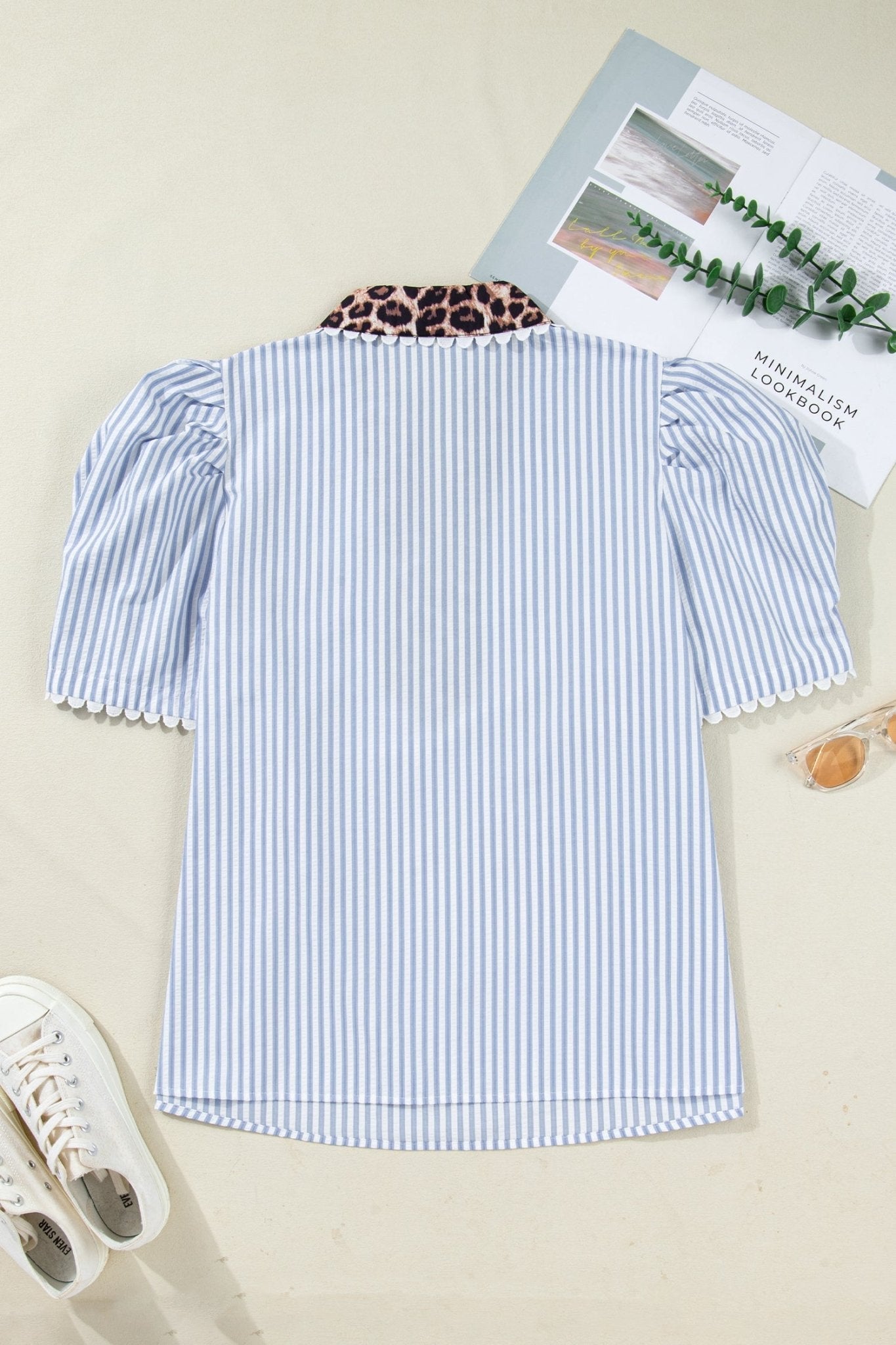 Plus Size Leopard Collar Stripe Bubble Sleeve Blouse - Rooted & Reckless Co.
