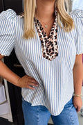 Plus Size Leopard Collar Stripe Bubble Sleeve Blouse - Rooted & Reckless Co.