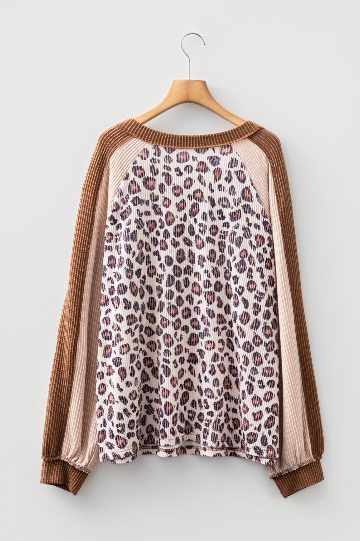 Plus Size Leopard Colorblock Ribbed V-Neck Pullover - Rooted & Reckless Co.