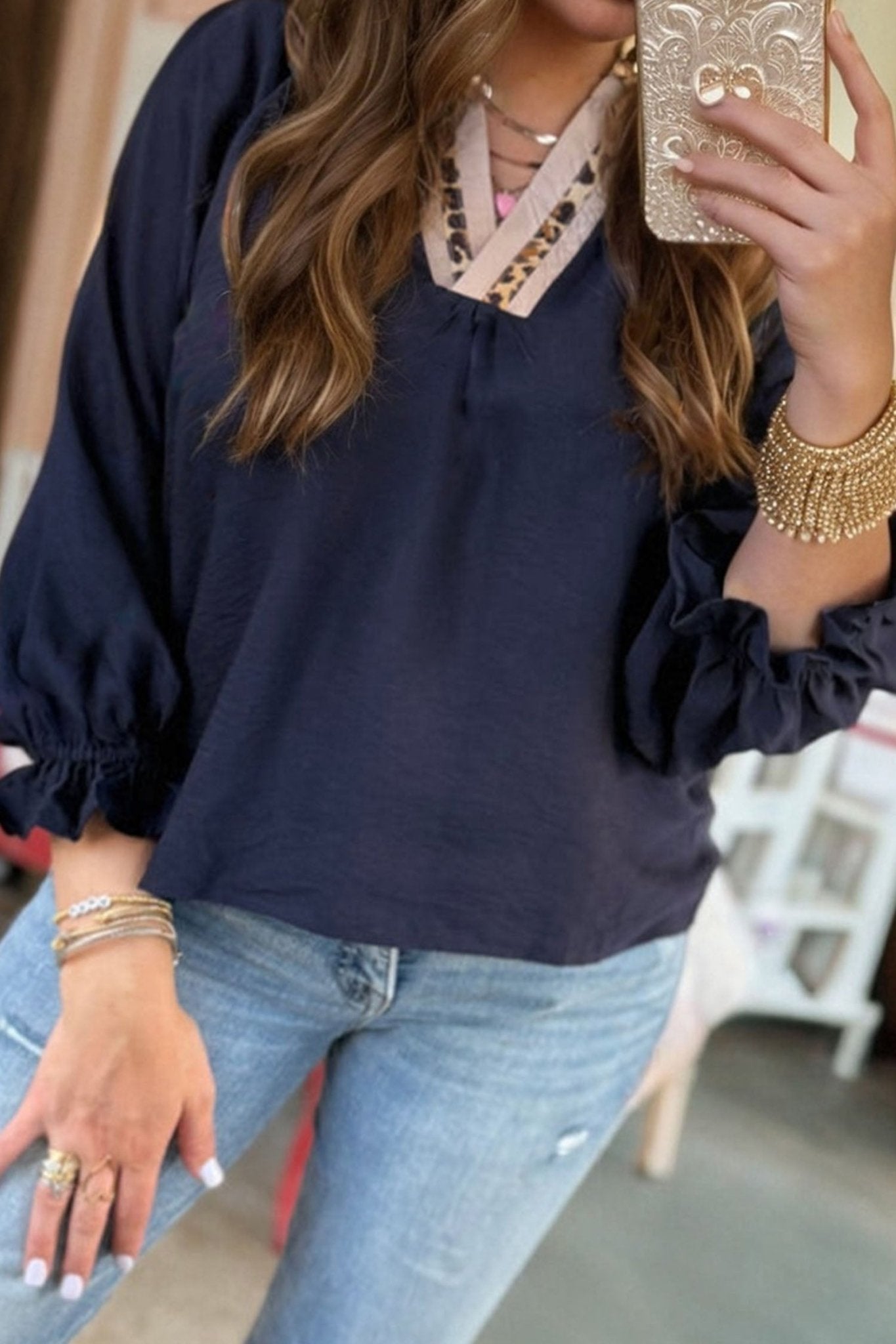 Plus Size Leopard Contrast Collar Long Sleeve Blouse - Rooted & Reckless Co.