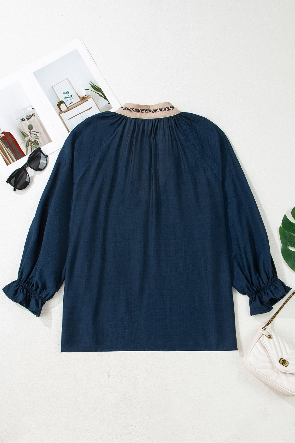 Plus Size Leopard Contrast Collar Long Sleeve Blouse - Rooted & Reckless Co.