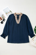 Plus Size Leopard Contrast Collar Long Sleeve Blouse - Rooted & Reckless Co.