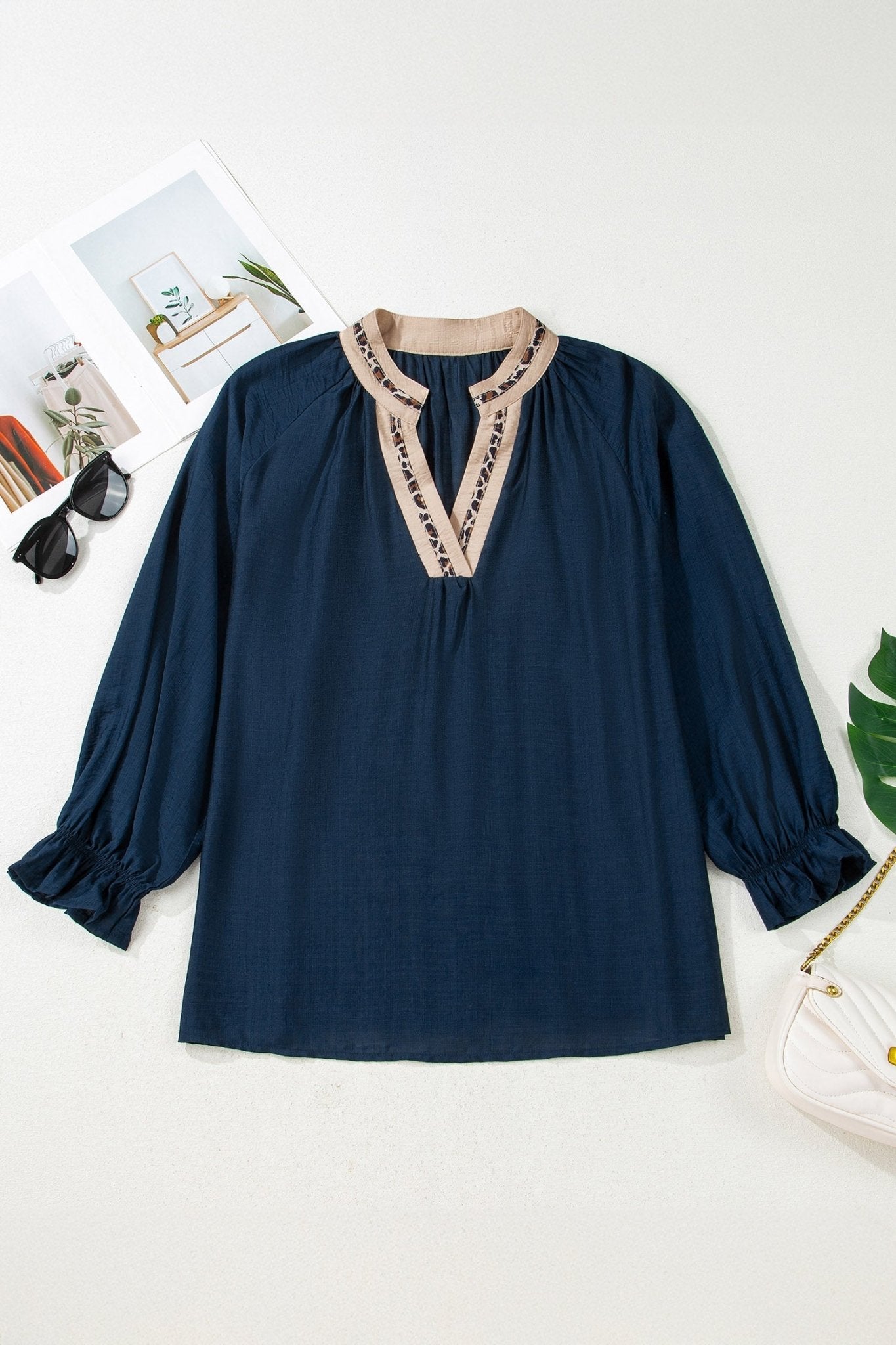 Plus Size Leopard Contrast Collar Long Sleeve Blouse - Rooted & Reckless Co.