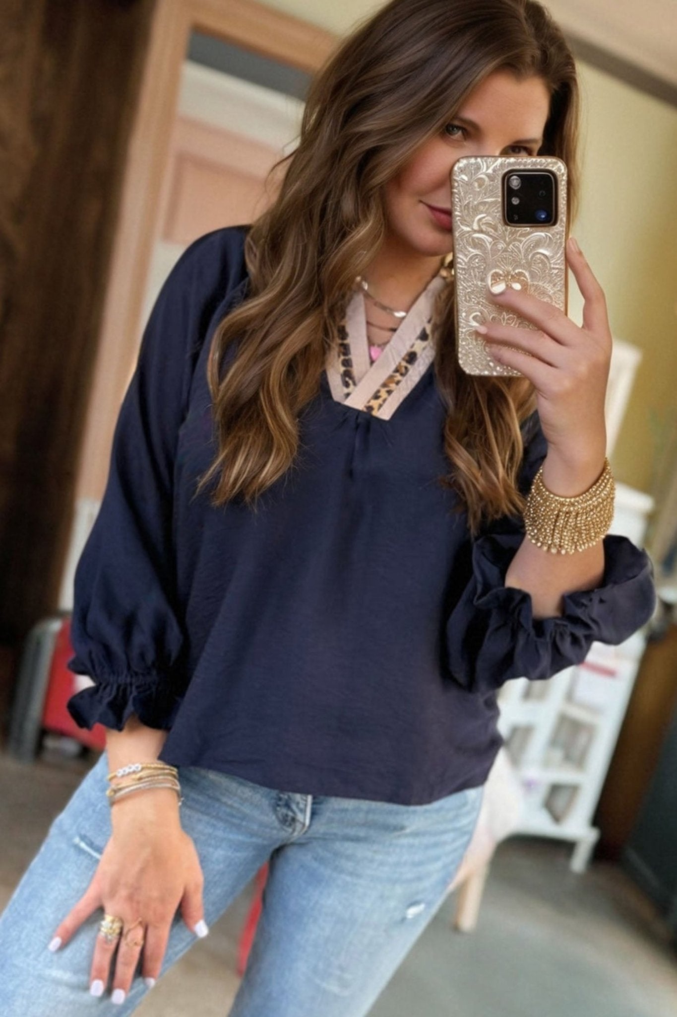 Plus Size Leopard Contrast Collar Long Sleeve Blouse - Rooted & Reckless Co.