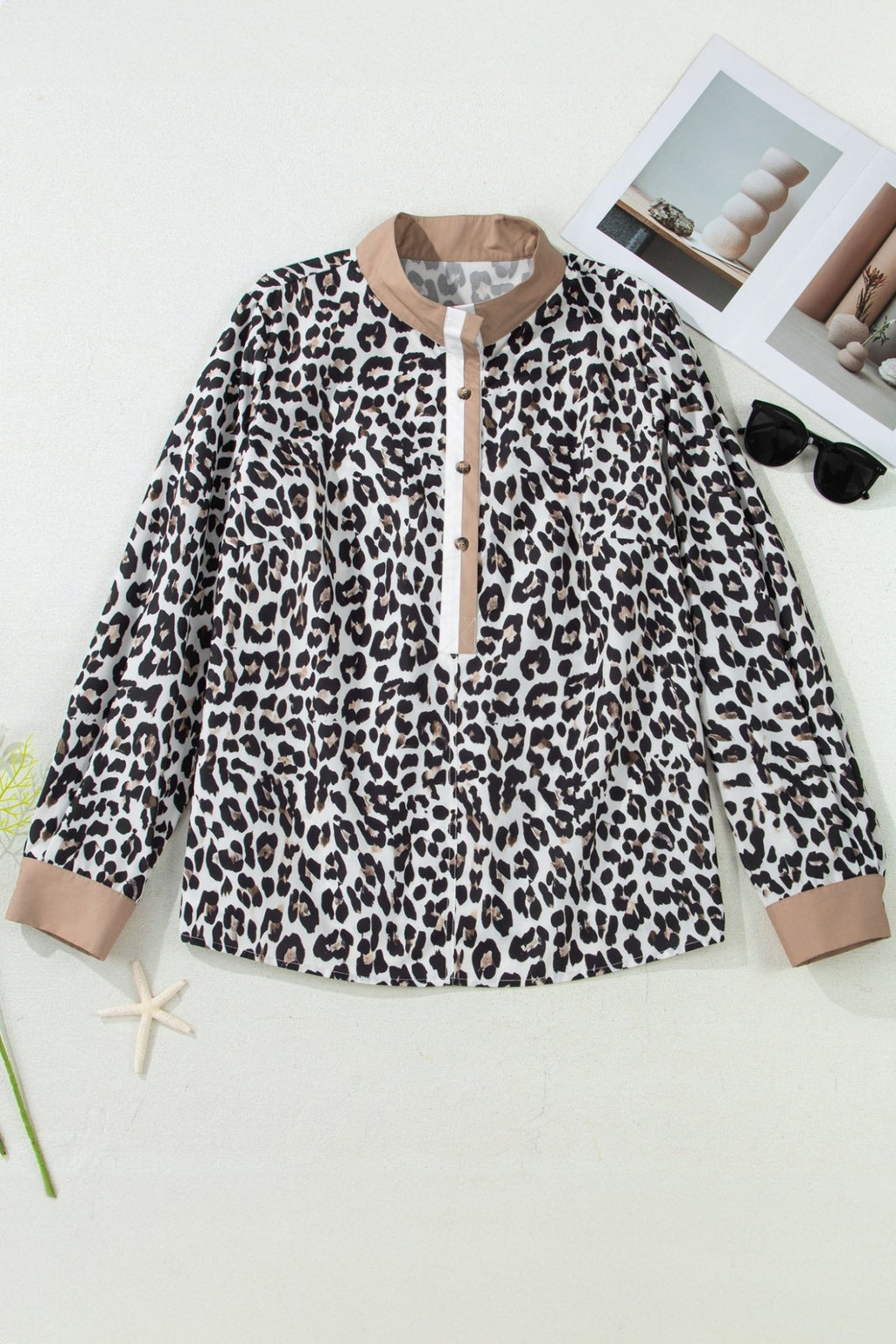 Plus Size Leopard Contrast Trim Half Button Top - Rooted & Reckless Co.