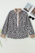 Plus Size Leopard Contrast Trim Half Button Top - Rooted & Reckless Co.