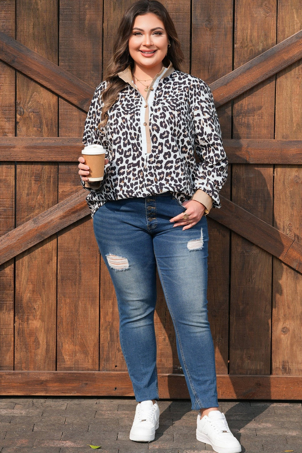 Plus Size Leopard Contrast Trim Half Button Top - Rooted & Reckless Co.