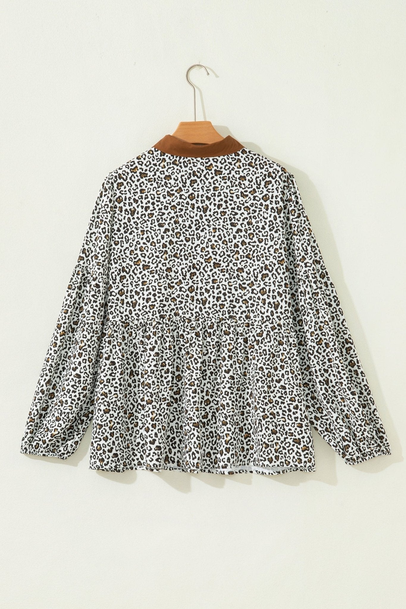 Plus Size Leopard Contrast Trim Puff Sleeve Blouse - Rooted & Reckless Co.