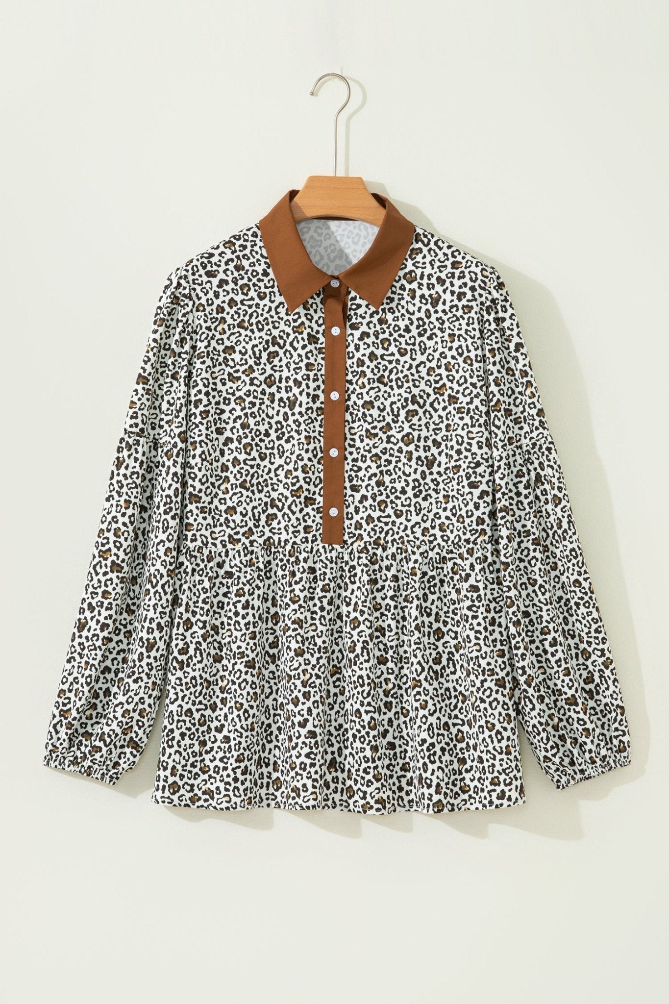 Plus Size Leopard Contrast Trim Puff Sleeve Blouse - Rooted & Reckless Co.