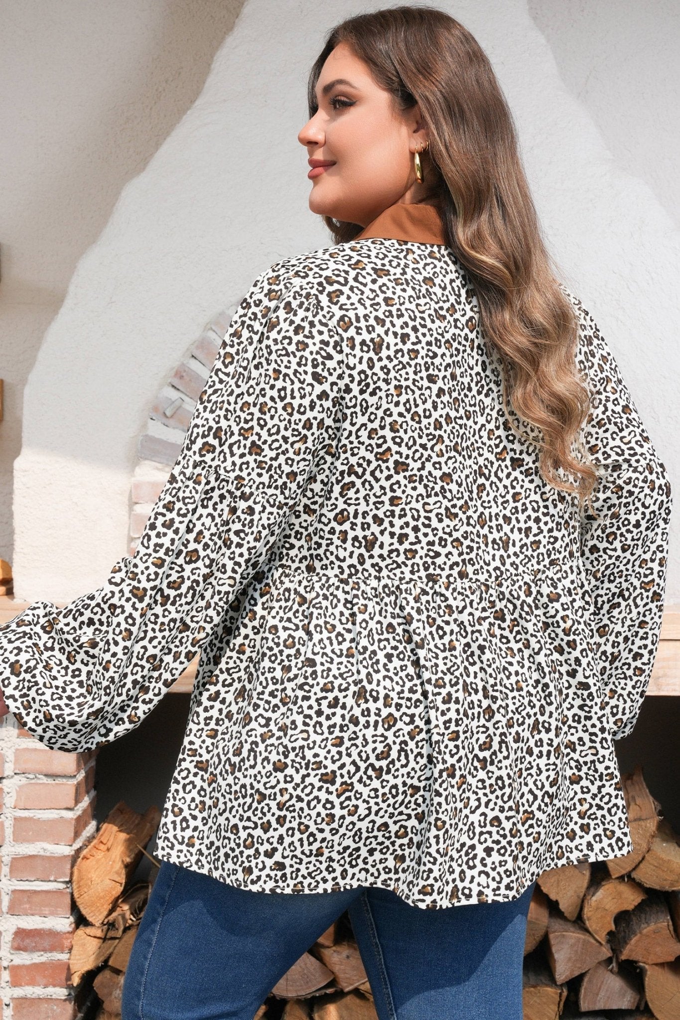 Plus Size Leopard Contrast Trim Puff Sleeve Blouse - Rooted & Reckless Co.