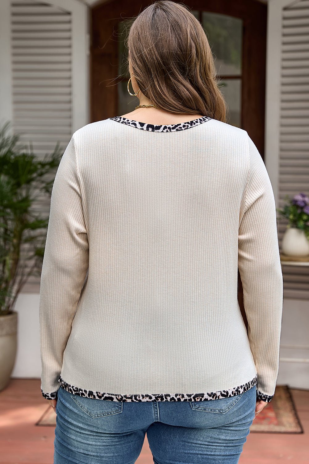 Plus Size Leopard Contrast Trim Ribbed Knit Top - Rooted & Reckless Co.