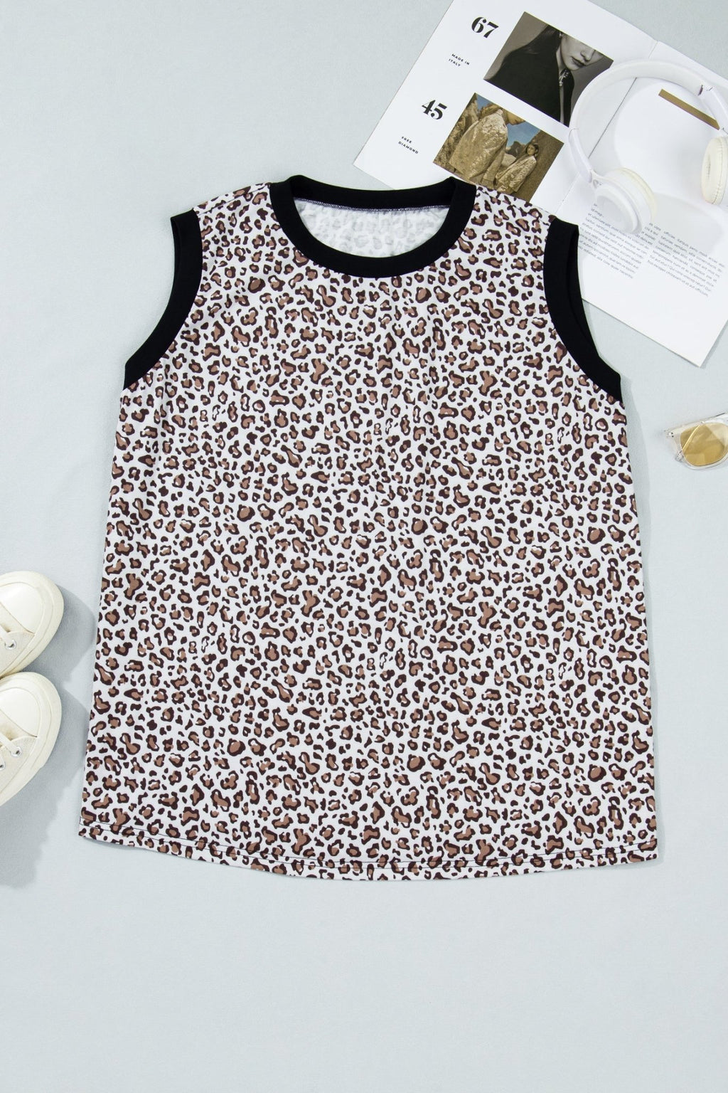 Plus Size Leopard Contrast Trim Sleeveless Top - Rooted & Reckless Co.