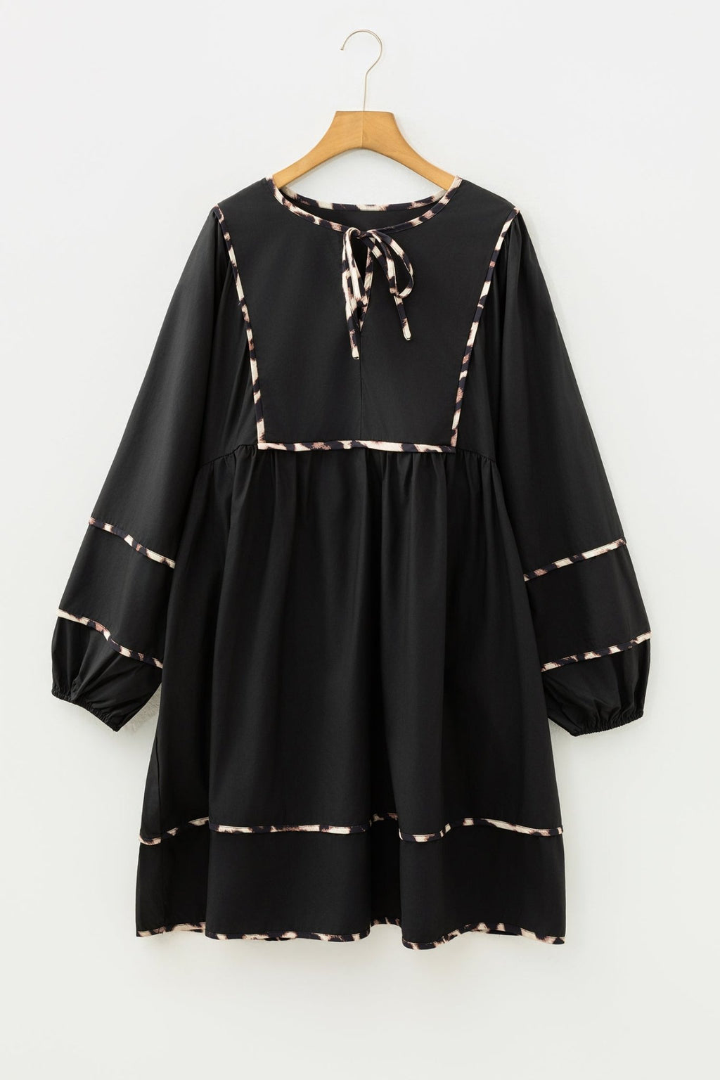 Plus Size Leopard Contrast Trim Tie-Neck Mini Dress - Rooted & Reckless Co.