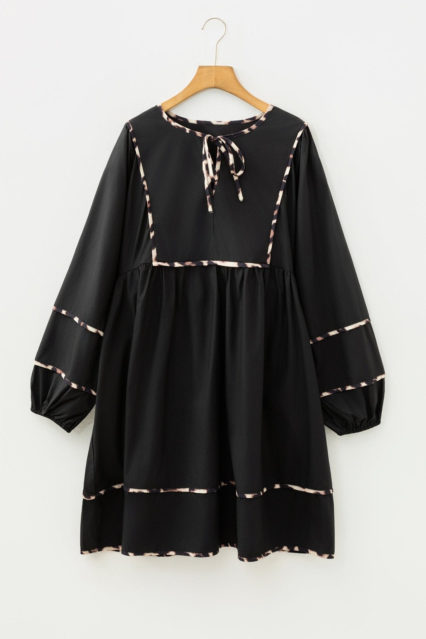 Plus Size Leopard Contrast Trim Tie-Neck Mini Dress - Rooted & Reckless Co.