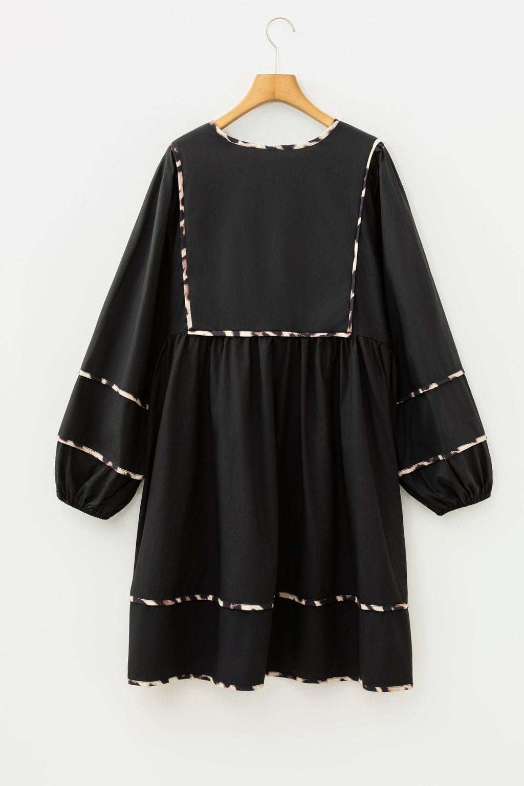 Plus Size Leopard Contrast Trim Tie-Neck Mini Dress - Rooted & Reckless Co.