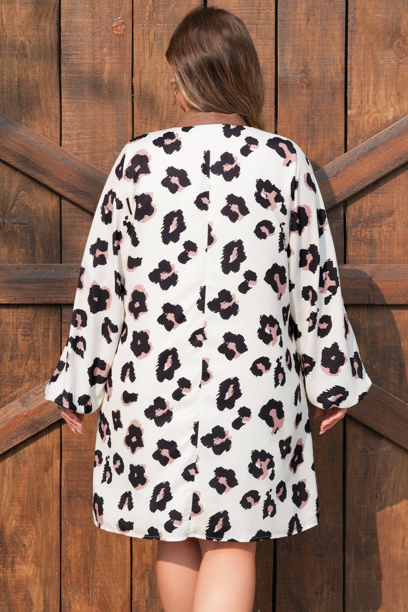 Plus Size Leopard Contrast V-Neck Mini Dress - Rooted & Reckless Co.