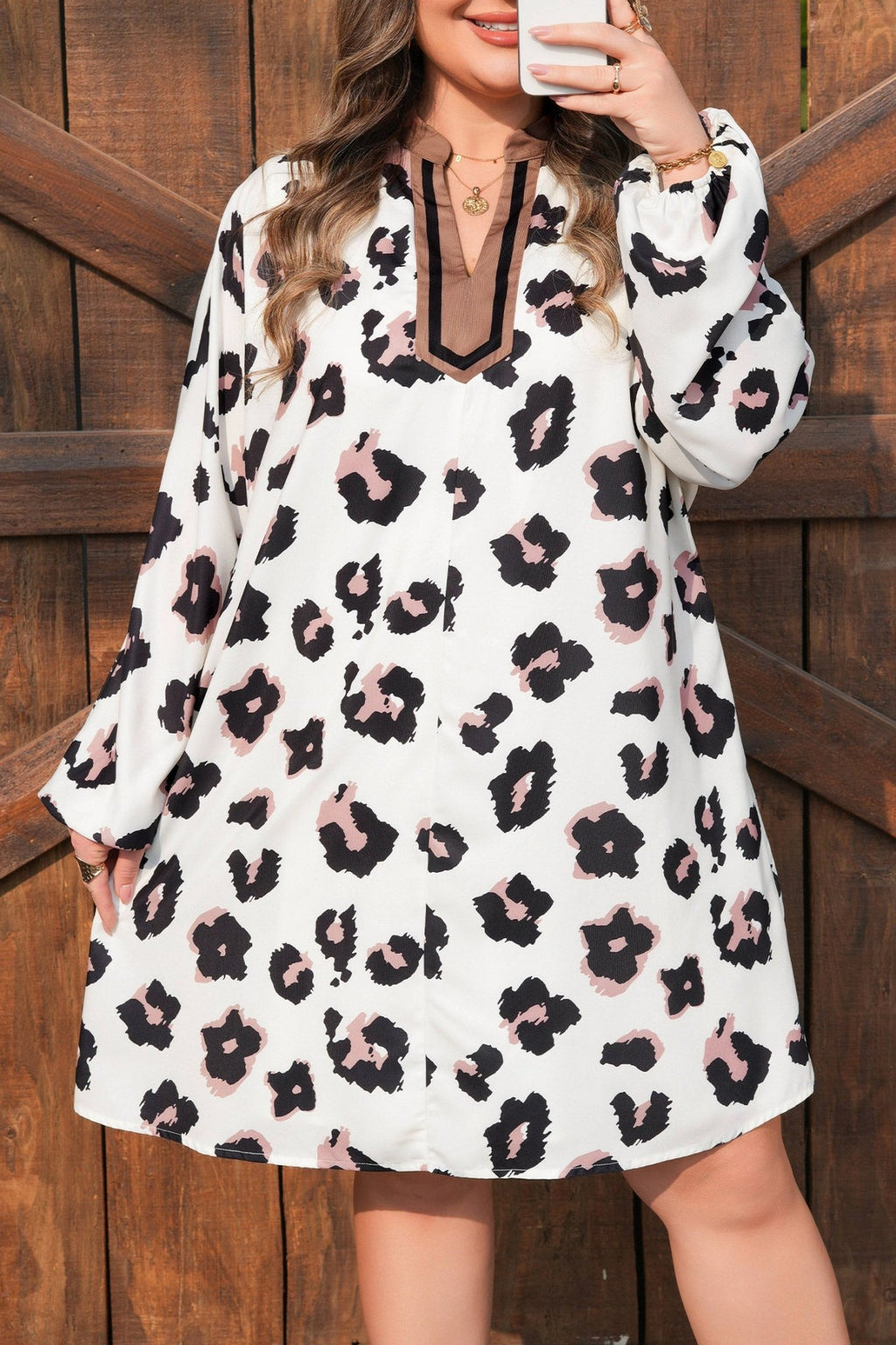 Plus Size Leopard Contrast V-Neck Mini Dress - Rooted & Reckless Co.