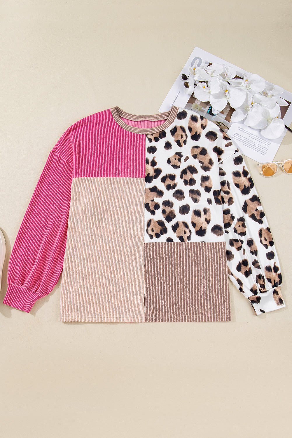 Plus Size Leopard Corded Knit Patchwork Long Sleeve Top - Rooted & Reckless Co.