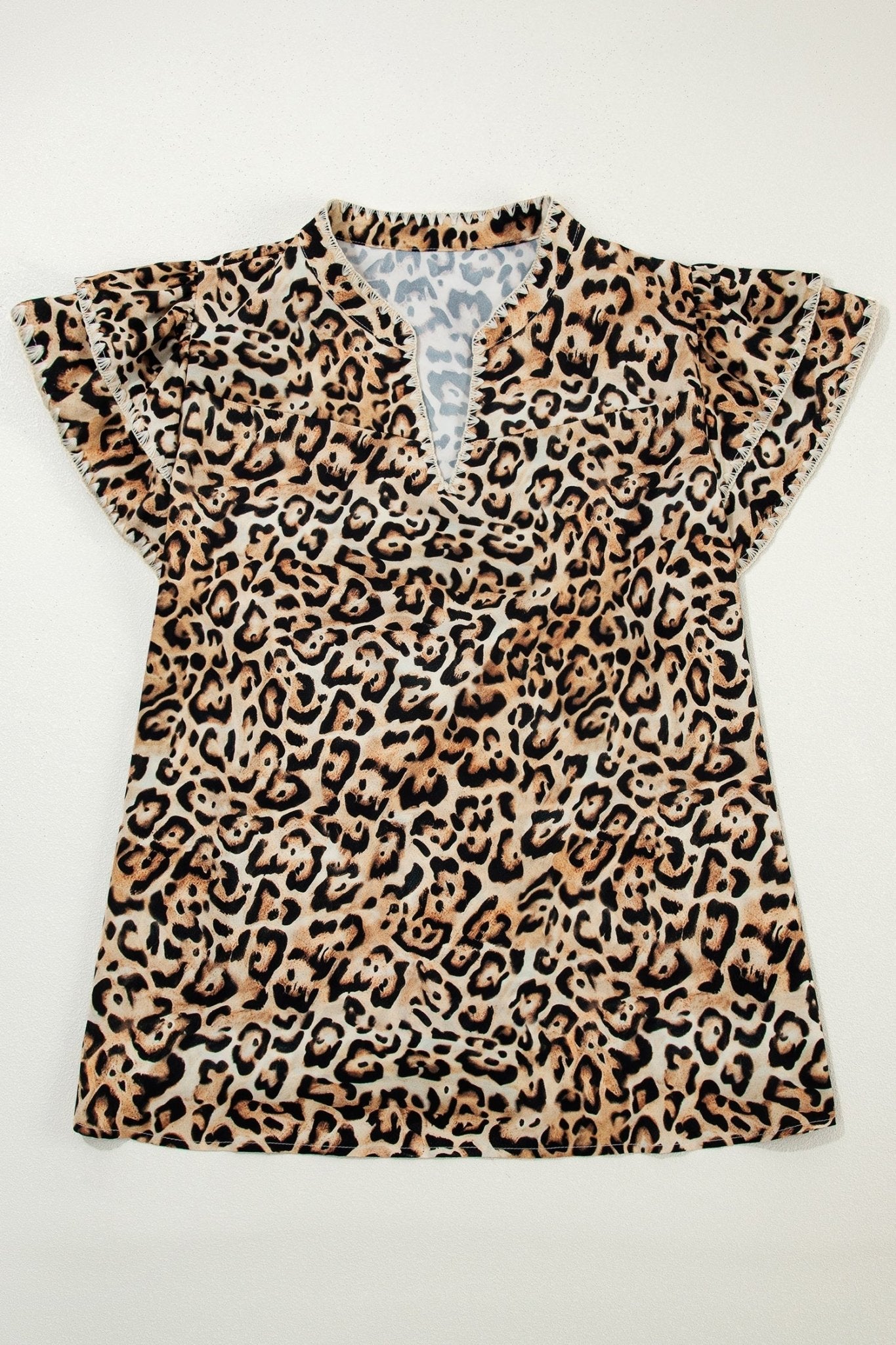 Plus Size Leopard Embroidered Ruffle Short Sleeve Blouse - Rooted & Reckless Co.