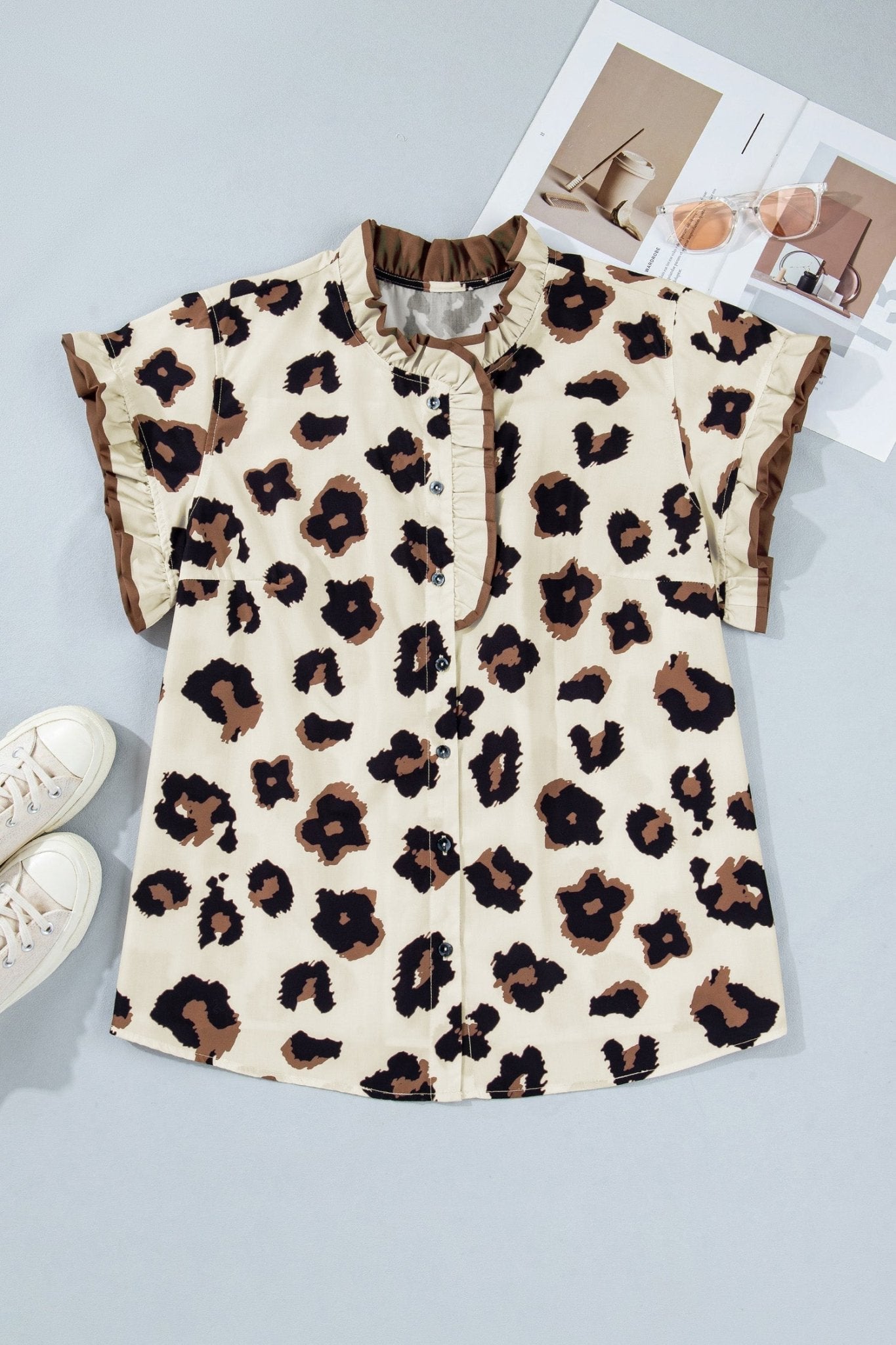 Plus Size Leopard Frilled Button Down Blouse - Rooted & Reckless Co.