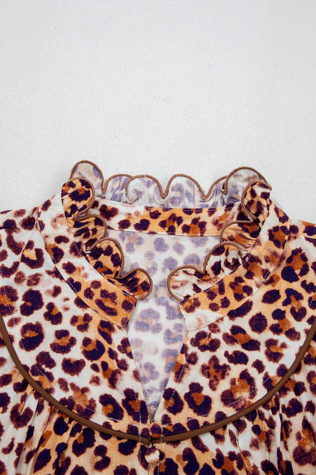 Plus Size Leopard Frilled Stand Neck Blouse - Rooted & Reckless Co.