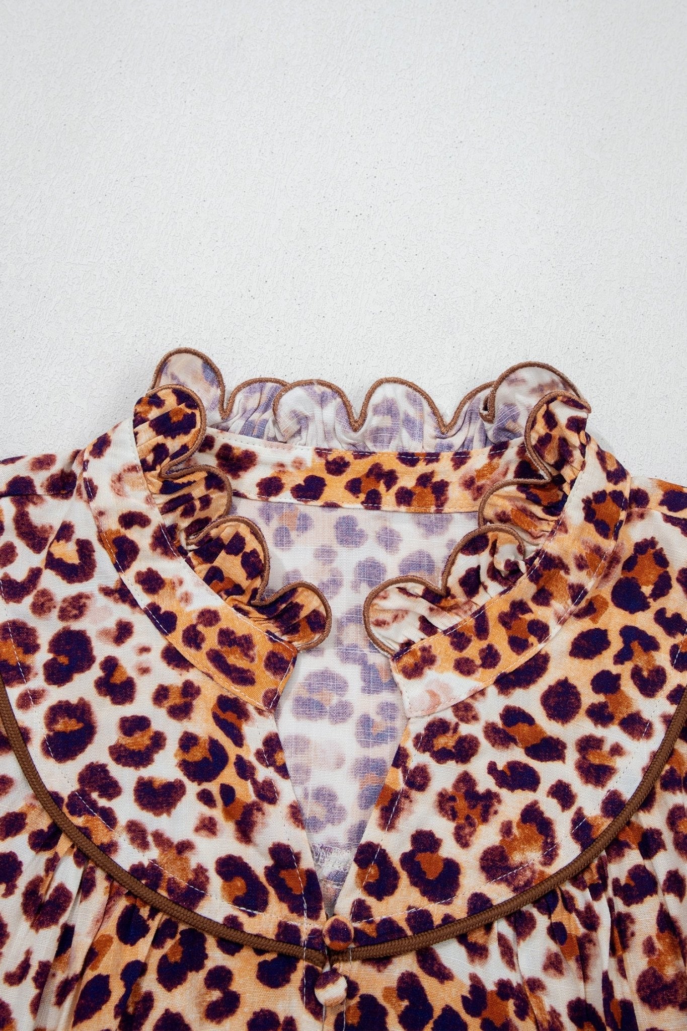 Plus Size Leopard Frilled Stand Neck Blouse - Rooted & Reckless Co.