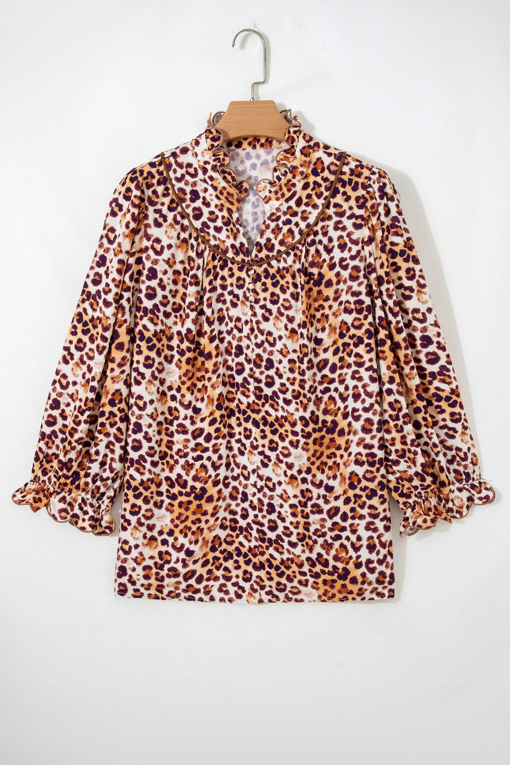Plus Size Leopard Frilled Stand Neck Blouse - Rooted & Reckless Co.