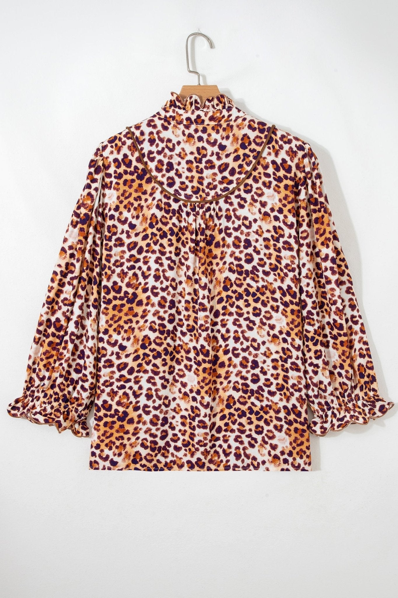 Plus Size Leopard Frilled Stand Neck Blouse - Rooted & Reckless Co.