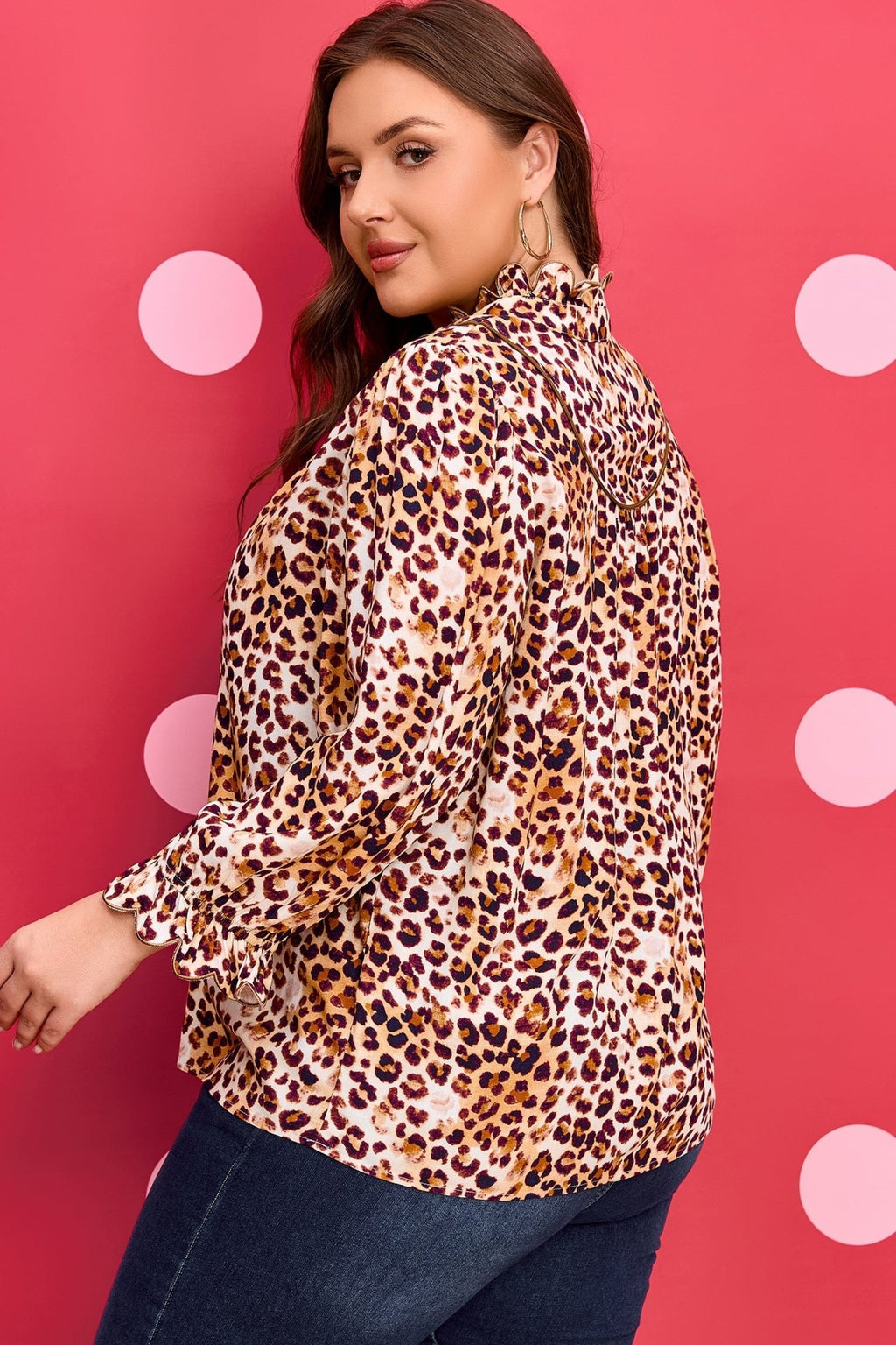 Plus Size Leopard Frilled Stand Neck Blouse - Rooted & Reckless Co.
